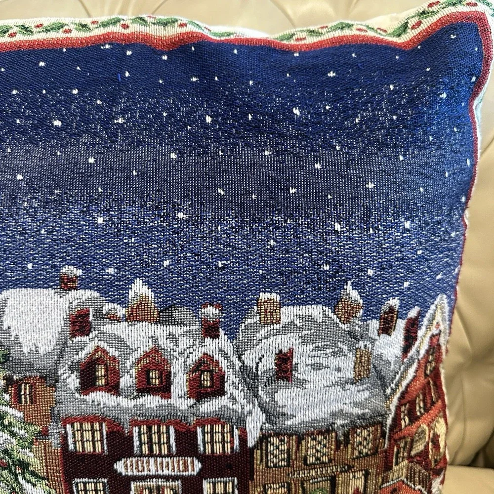 Vintage Christmas Embroidered Tapestry Throw Pillow 18 Inch Winter Town‎ Scene